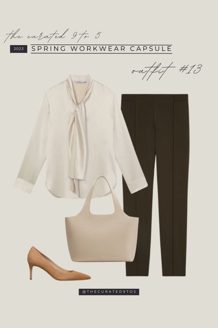 Spring Workwear Capsule - Outfit #13

Silk blouse, tie neck blouse, work top, office style, workwear, sided pumps, work pants, trousers, Cuyana, leather bag, work bag

#LTKstyletip #LTKworkwear #LTKitbag