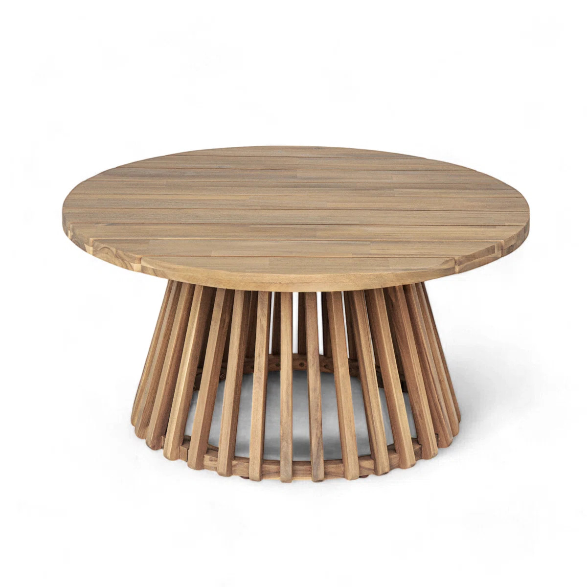 Round Acacia Wood Coffee Table, Teak Finish, 31.5X31.5X16 Inch, With Slatted Base, For Patio Or L... | Wayfair North America