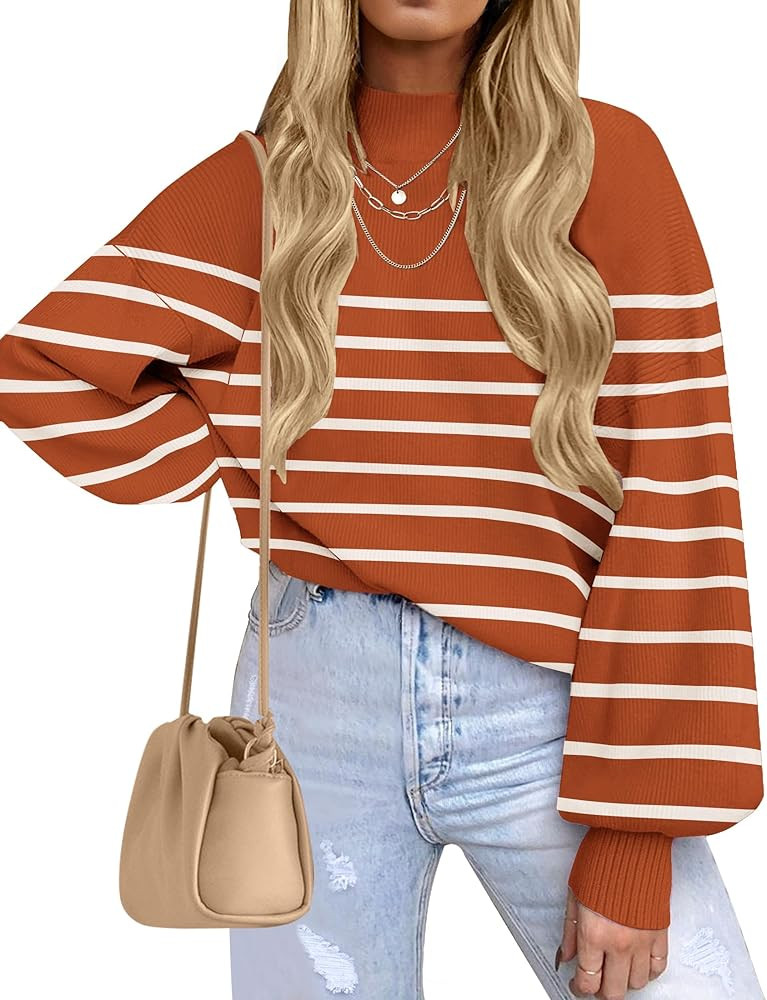 ZESICA Women's 2026 Fall Fashion Turtleneck Long Sleeve Striped Ribbed Knit Loose Pullover Sweate... | Amazon (US)