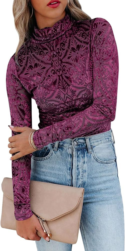 miduo Womens Slim Fit Velvet Burnout Mesh Top Turtleneck Long Sleeve Semi-Sheer Shirt Blouses Top... | Amazon (US)
