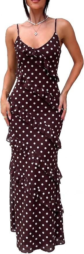 HOCILLE Women's Sexy V Neck Backless Bodycon Spaghetti Strap Elegant Ruffle Maxi Cocktail Party D... | Amazon (US)