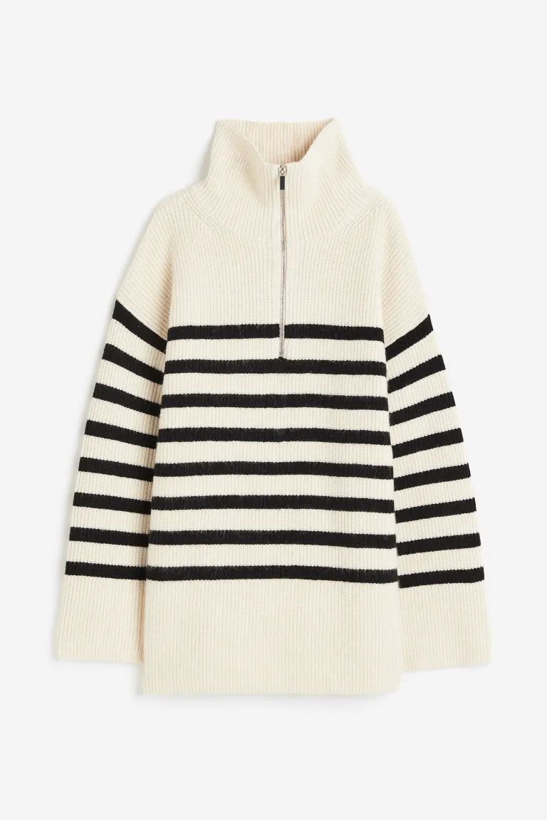 Rib-knit Half-zip Sweater - Cream/striped - Ladies | H&M US | H&M (US + CA)