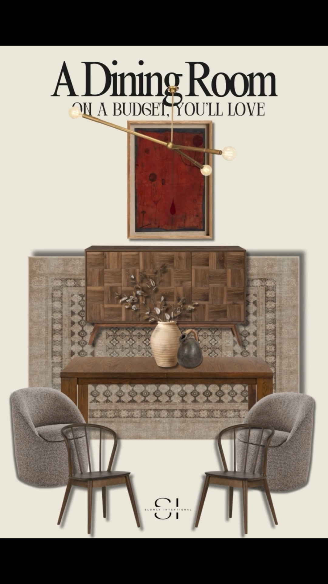 This dining room look proves you don’t need to spend a fortune to get a warm and inviting space. The mix of cozy upholstered chairs, timeless wood dining chairs, a patterned rug, and a simple sideboard makes it feel high-end but approachable. Add in a statement light fixture, a conversation piece of art and some textured vases, and you’ve got a dining room on a budget that still feels so intentional.

#LTKHome