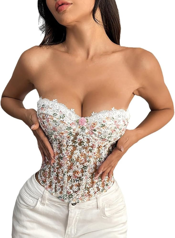 HGps8w Bandeau Corset Top for Women Flower Embroidery Sexy Strapless Overbust Corset Bustier Push... | Amazon (US)