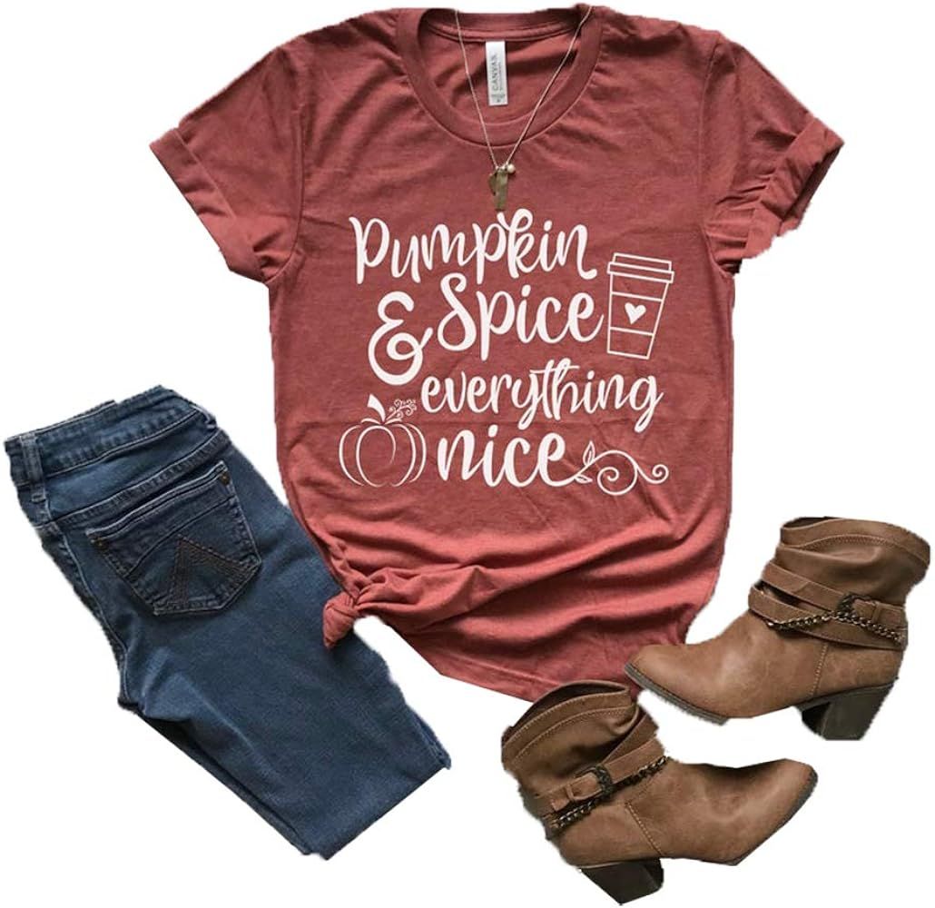 Pumpkin Spice and Everything Nice Fall Halloween Shirt for Women Cute Graphic Letter Print Casual... | Amazon (US)