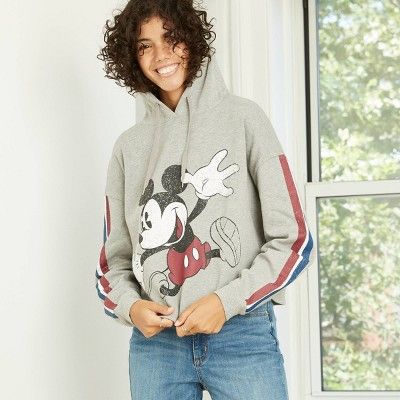 Women's Disney Jumping Mickey Hooded Graphic Sweatshirt - Heather Gray | Target