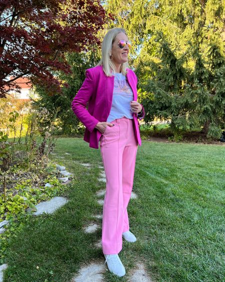 Barbiecore trend. Bright pink outfit idea. Bright pink blazer, pink trousers, graphic tee, sneakers.

Use promo code DOUSED10 for 10% off at Gibsonlook.

#LTKunder100 #LTKstyletip #LTKSeasonal