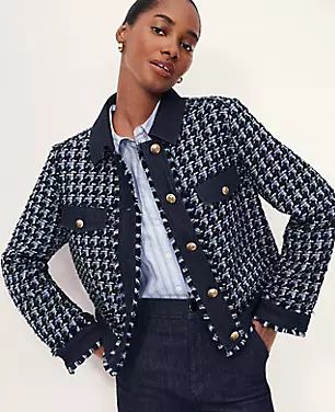 Petite Houndstooth Fringe Tweed Denim Jacket | Ann Taylor (US)