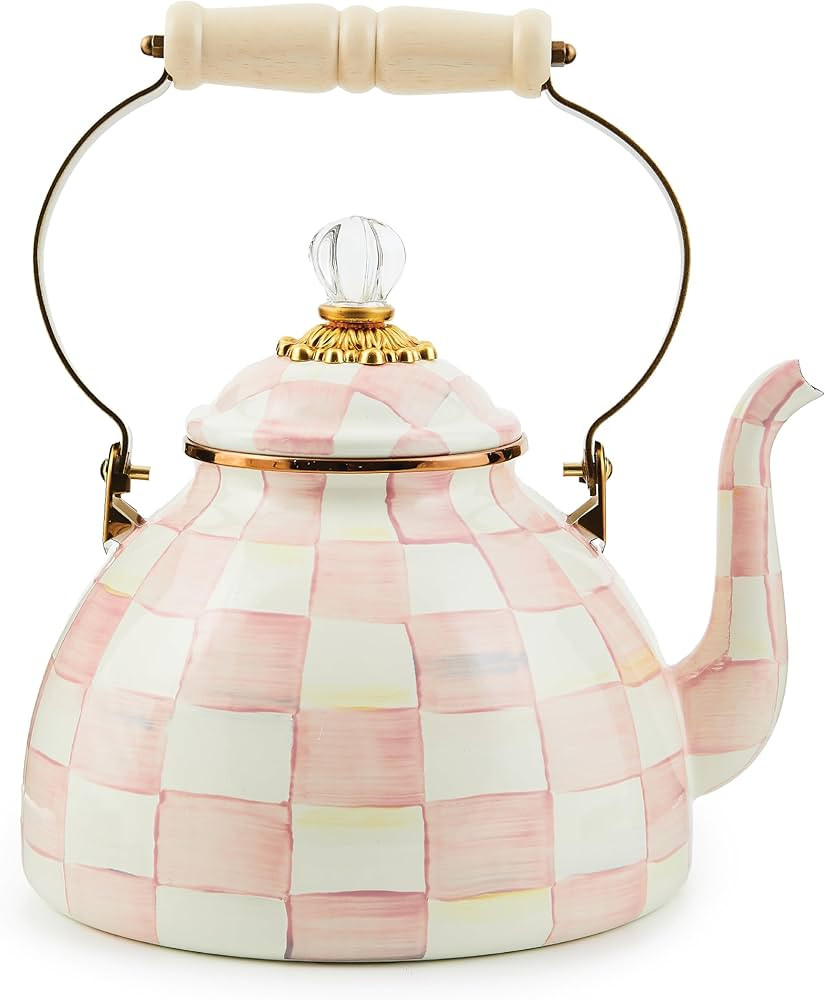 MACKENZIE-CHILDS Enamel Tea Kettle, Stylish Tea Kettle for Stovetop, Pink-and-White Rosy Check, 3... | Amazon (US)