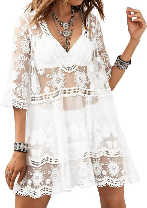 Eomenie Women's Lace Bathing Suit Cover Up V-Neck Swimsuit Coverup | Amazon (US)