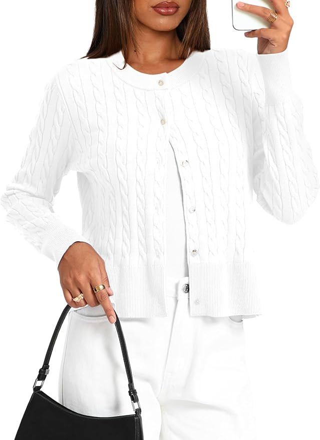 Darong Womens Cable Knit Long Sleeve Outfits Crewneck Button Down Open Front Cardigan Sweater Tre... | Amazon (US)