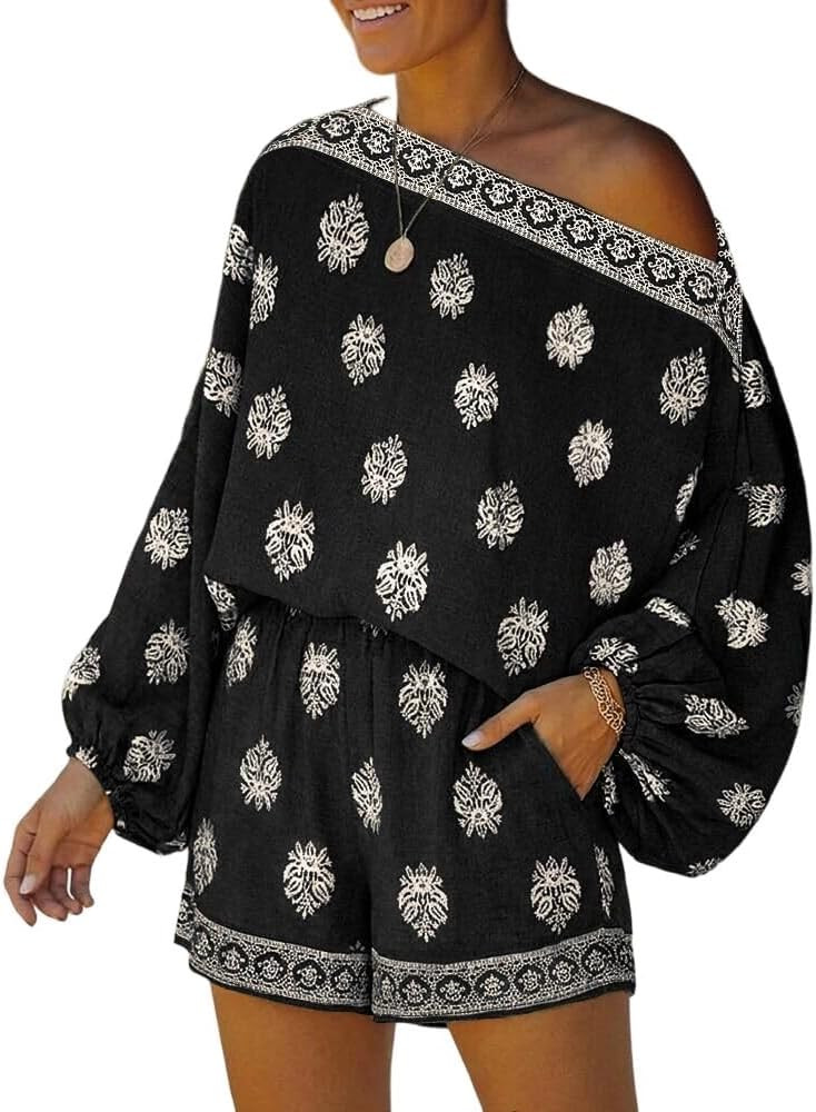 CHICME Women's 2 Piece Boho Outfit Lantern Sleeve Linen Top and Shorts Set Beach Vacation Summer ... | Amazon (US)