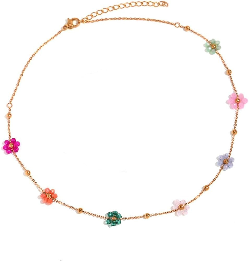 Cute Flower Beaded Ball Choker Necklace Stainless Steel Colorful Acystal Bead Daisy Flowers Adjus... | Amazon (US)