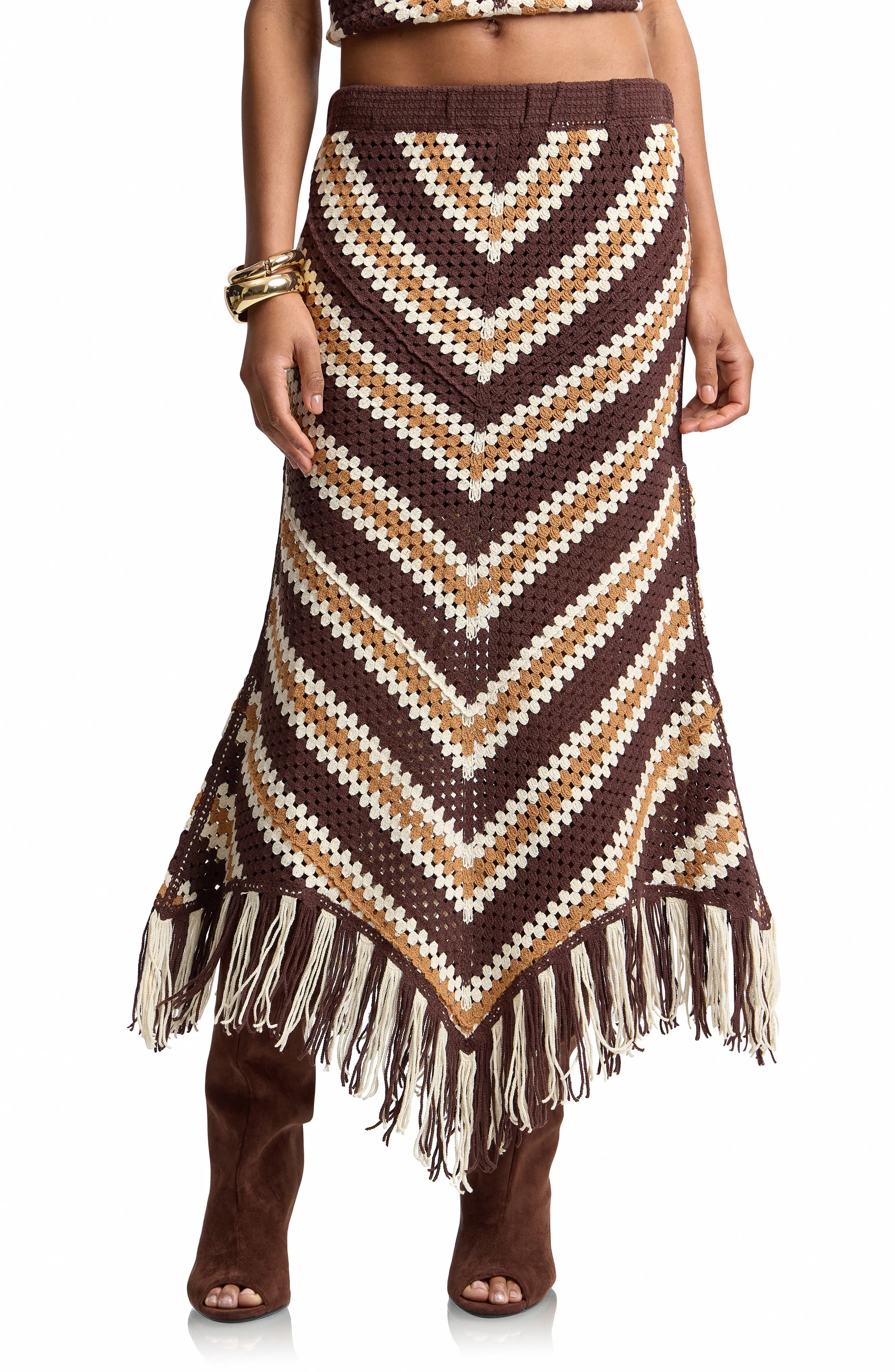 Avec Les Filles Chevron Crochet Fringe Midi Skirt (Women) | Nordstrom | Nordstrom