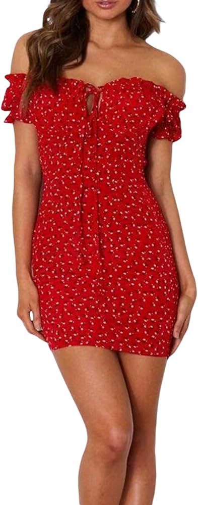 Women's Off Shoulder Ruffles Bodycon Mini Dress Sexy Summer Short Sleeve Cut Out Tie Front Floral... | Amazon (US)