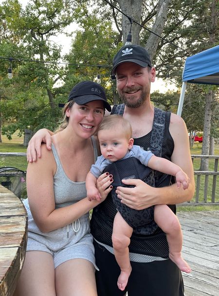 My little fam, unintentionally coordinating on Labor Day Weekend 🖤🩶 We took Cash swimming but not gonna lie, I’m looking forward to when he’s a little older, out of diapers, and can enjoy the lake more. Being at the lake with a newborn is a lot! Having places to put baby when you’re not holding them helps, and our carrier came in handy while we were eating dinner tonight. It was 95 degrees this weekend but fall is coming so I linked the pants version + matching tops of my favorite sweat shorts 🍁

#LTKbaby #LTKsalealert #LTKfamily