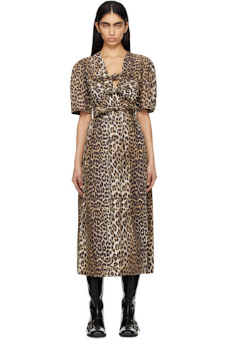 GANNI - Beige & Brown Leopard Printed Cotton Tie Strap Midi Dress | SSENSE