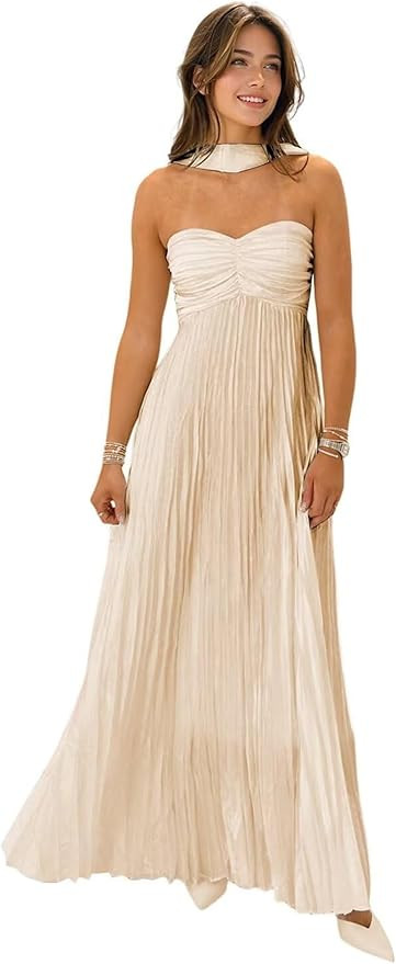 Bridesmaid Dress 2025 Flowy Strapless Pleated Chiffon Long Prom Dresses with Scarf Formal Gown fo... | Amazon (US)