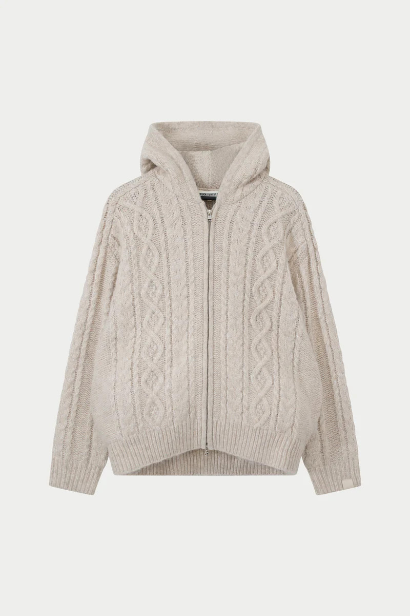 CABLE KNIT ZIP THROUGH HOODIE - STONE | The Couture Club