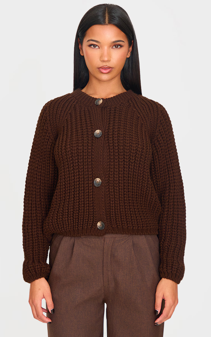 Chocolate Chunky Cable Knit Button Up Cardigan | PrettyLittleThing US