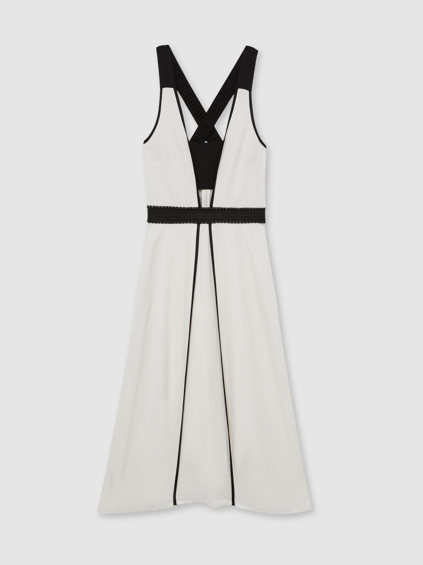 Reiss Contrast-Trim Flared Midi Dress With Linen in Ivory/Black - REISS | Reiss UK