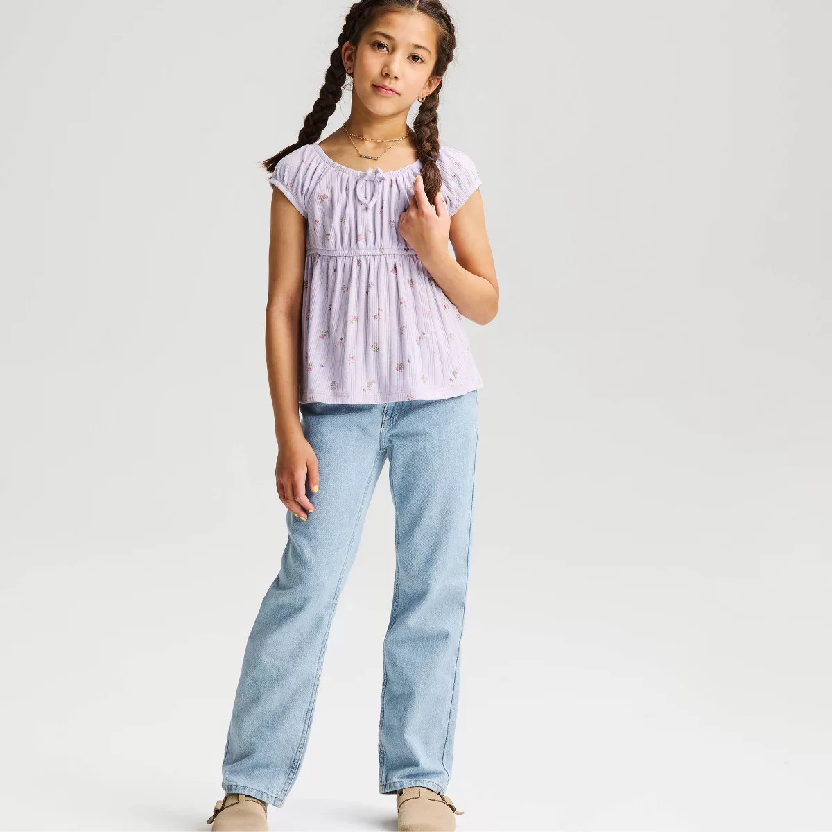 Girls' Pointelle Knit Floral Peplum Top - Cat & Jack\u2122 Lavender M | Target