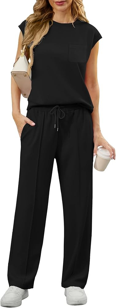 GRECERELLE 2 Piece Sets For Women Summer 2026 Outfits Lounge Sets Sleeveless Sweatsuits Wide Leg ... | Amazon (US)