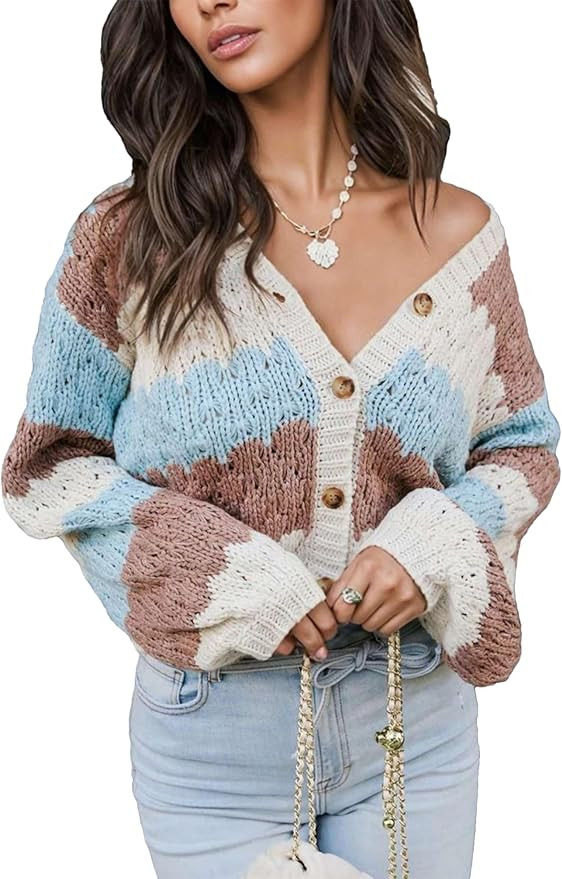 Mingzhu Women's Cardigan Sweaters Button Down Chunky Knit V Neck Striped Color Block Long Sleeve ... | Amazon (US)