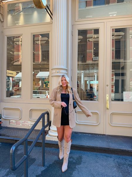  New York street style outfit inspo, the cutest LBD paired with a tan oversized blazer and tall tan boots the perfect fall outfit 

#LTKSeasonal #LTKshoecrush