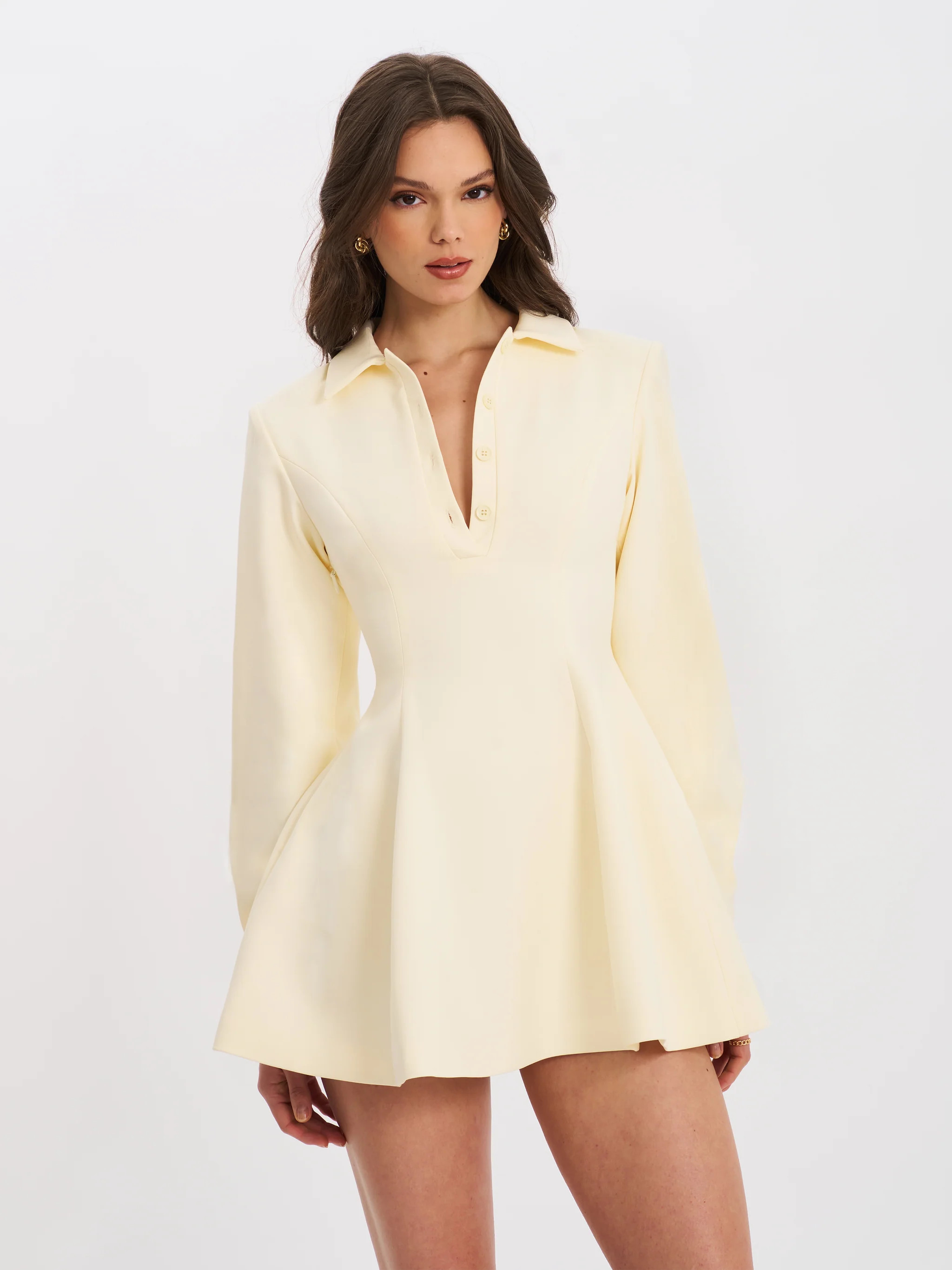 Obelia Off White Long Sleeve Polo Mini Dress | Miss Circle
