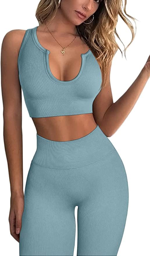 FAFOFA Workout Outfits for Women 2 Piece Ribbed Seamless Crop Tank High Waist Yoga Leggings Sets | Amazon (US)