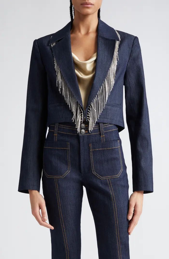 Dara Rhinestone Fringe Denim Crop Blazer | Nordstrom