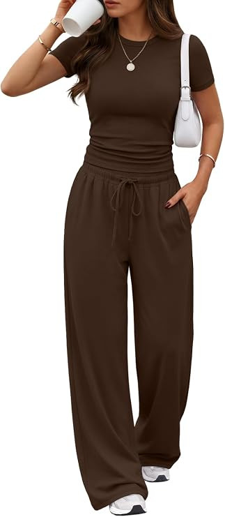 Trendy Queen 2 Piece Matching Summer Lounge Set Womens Side Ruching Top Wide Leg Pants Sets with ... | Amazon (US)