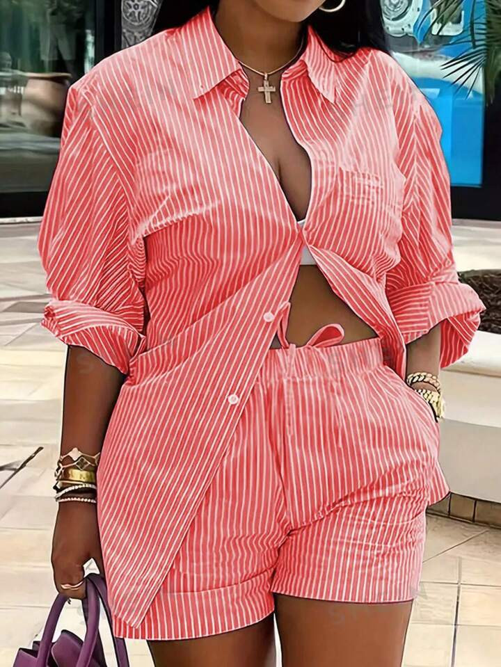 SHEIN VCAY Women Fashionable Summer Striped Two-Piece Casual Outfit | SHEIN