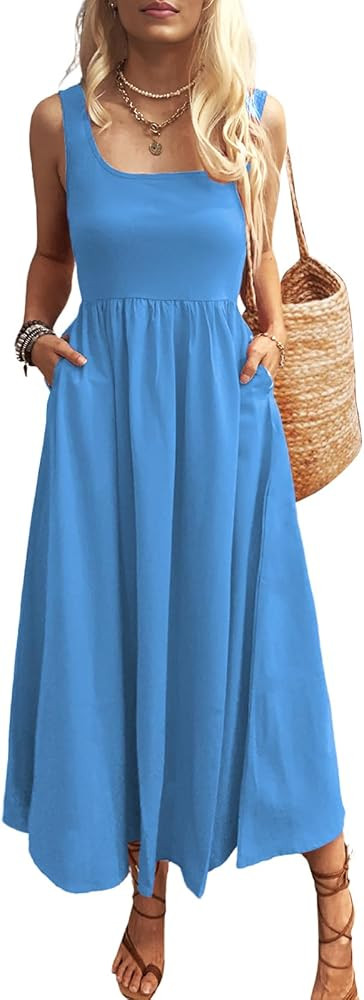 Women's Maxi Dress Summer Sleeveless Swing Sundress Casual Loose Tank Long Dresses with Pockets | Amazon (US)