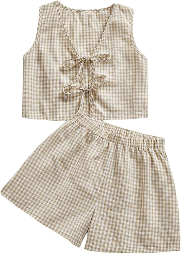 SOLY HUX Women's Summer 2 Piece Outfits Plaid Print Sleeveless Tie Front Tank Top Vest Shorts Bea... | Amazon (US)