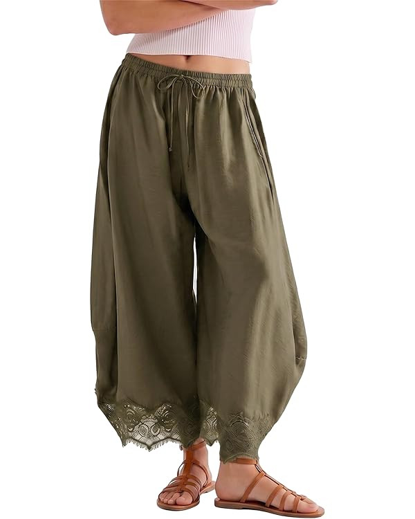 SeeLuNa Comfy Women's Pants Cropped Lace Hem Pants Summer Boho Drawstring High Rise Wide Leg Loun... | Amazon (US)