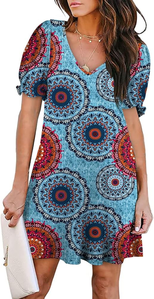 Aloodor Women's Casual Dresses Short Sleeve V-Neck Dress with Pockets | Amazon (US)