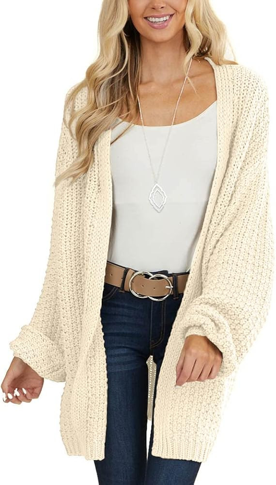Jollycode Women's Open Front Cardigan Chunky Knit Sweaters Lantern Sleeve Outwear Lightweight Coat | Amazon (US)