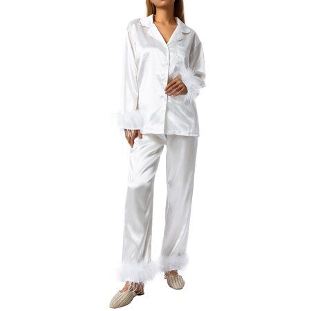 Women s Satin Silk Sleepwear Feather Decoration Long Sleeve Button-Down Lapel Collar Tops + Pants Pa | Walmart (US)