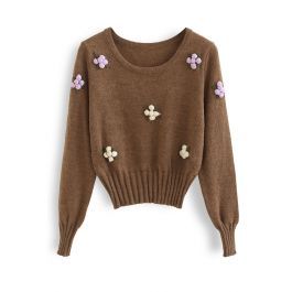 Pom-Pom Posy Cropped Knit Top in Caramel | Chicwish