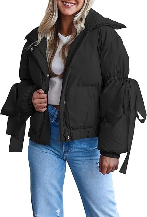 Tankaneo Womens Bow Puffer Jacket Winter Warm Cropped Quilted Jackets Baggy Short Down Coats | Amazon (US)