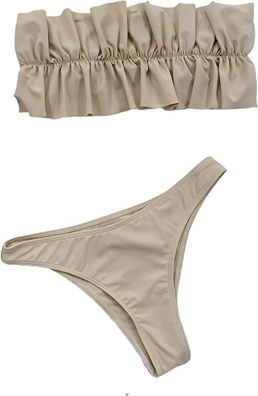 Floerns Women's Bathing Suit Ruffle Trim Ruched Bust Bandeau Bikini Swimsuit | Amazon (US)
