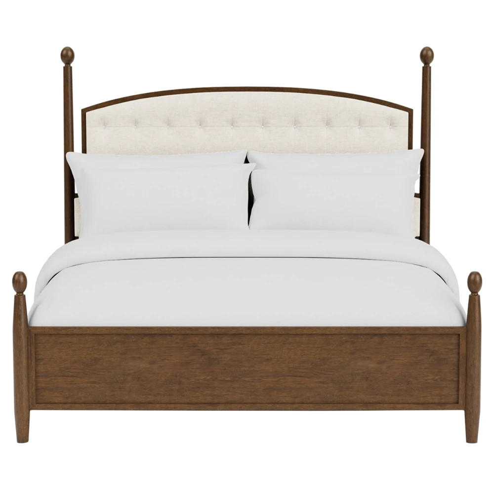 Hearth Updated Traditional Cream Performance Brown Wood Tufted Bed - Queen | Kathy Kuo Home
