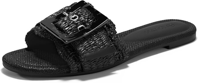 Coutgo Womens Flat Sandals Raffia Slip On Slide Sandal Square Open Toe Buckle Summer Beach Shoes ... | Amazon (US)