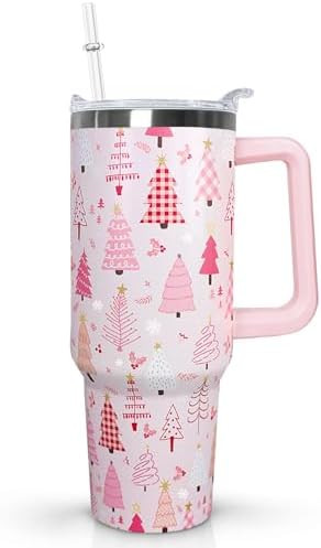 Ceovfoi 40 Oz Pink Christmas Tree Tumbler With Handle,Christmas Tree Coffee Travel Mug Cup,Christ... | Amazon (US)