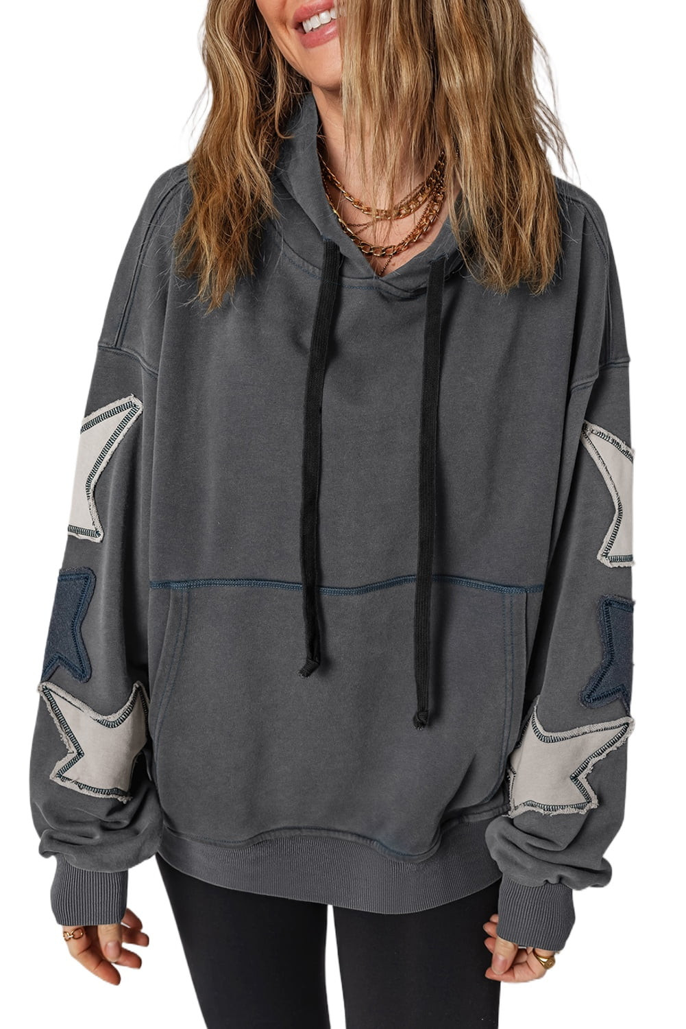 Vintage Carbon Grey Star Patchwork Contrast Stitching Hoodie with Kangaroo Pocket | [ZhiHiMeRi] |... | Walmart (US)