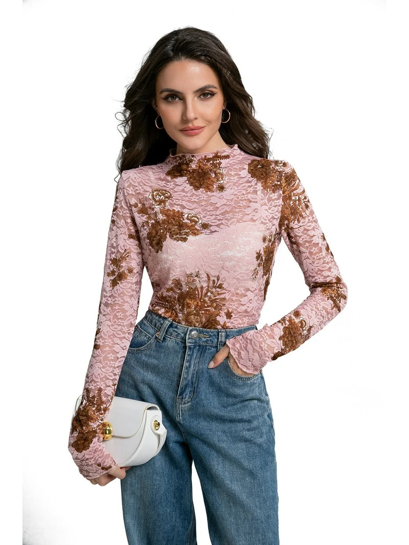 MINTREUS Lace Top with Long Sleeves Stand Collar Embroidered Floral Design Ideal for Parties and ... | Walmart (US)