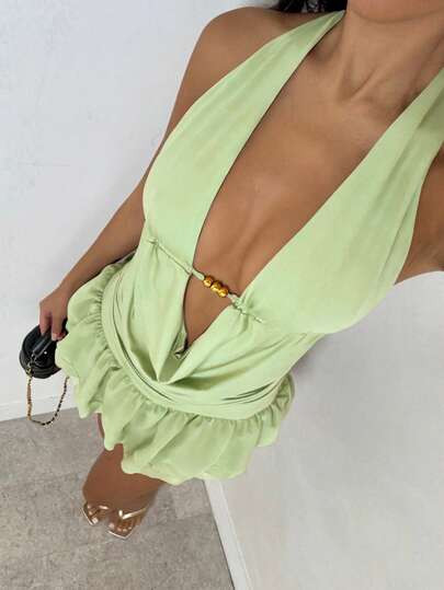 SHEIN Glamour Green Color Backless Collar Sexy V-Neck Two-Piece Set,Sleeveless Off-Shoulder Asymm... | SHEIN
