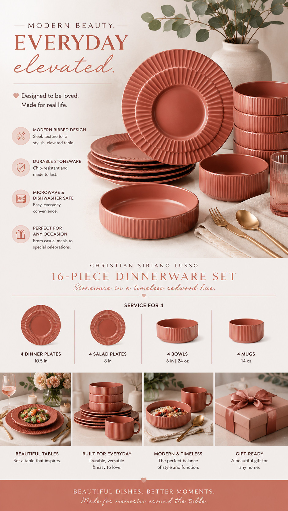 Christian Siriano Lusso dinnerware set in Redwood — warm, stylish, and designer-looking 🤎

This 16-piece stoneware set has a rich redwood color and a beautiful ribbed texture that makes the table feel instantly more styled and elevated. The warm terracotta tone adds depth and coziness, while still looking modern, clean, and expensive.

Includes service for 4:
4 dinner plates
4 salad plates
4 bowls
4 mugs

Perfect for everyday dinners, brunches, cozy hosting, fall table settings, or open-shelf kitchen styling. It pairs beautifully with gold flatware, linen napkins, candles, greenery, wood accents, and neutral interiors.

A great choice if you love warm organic tones, modern table styling, and dinnerware that feels simple but not basic.

#dinnerware #tablescape #homedecor #kitchenfinds #LTKhome 

 #LTKfoodie #LTKHome
